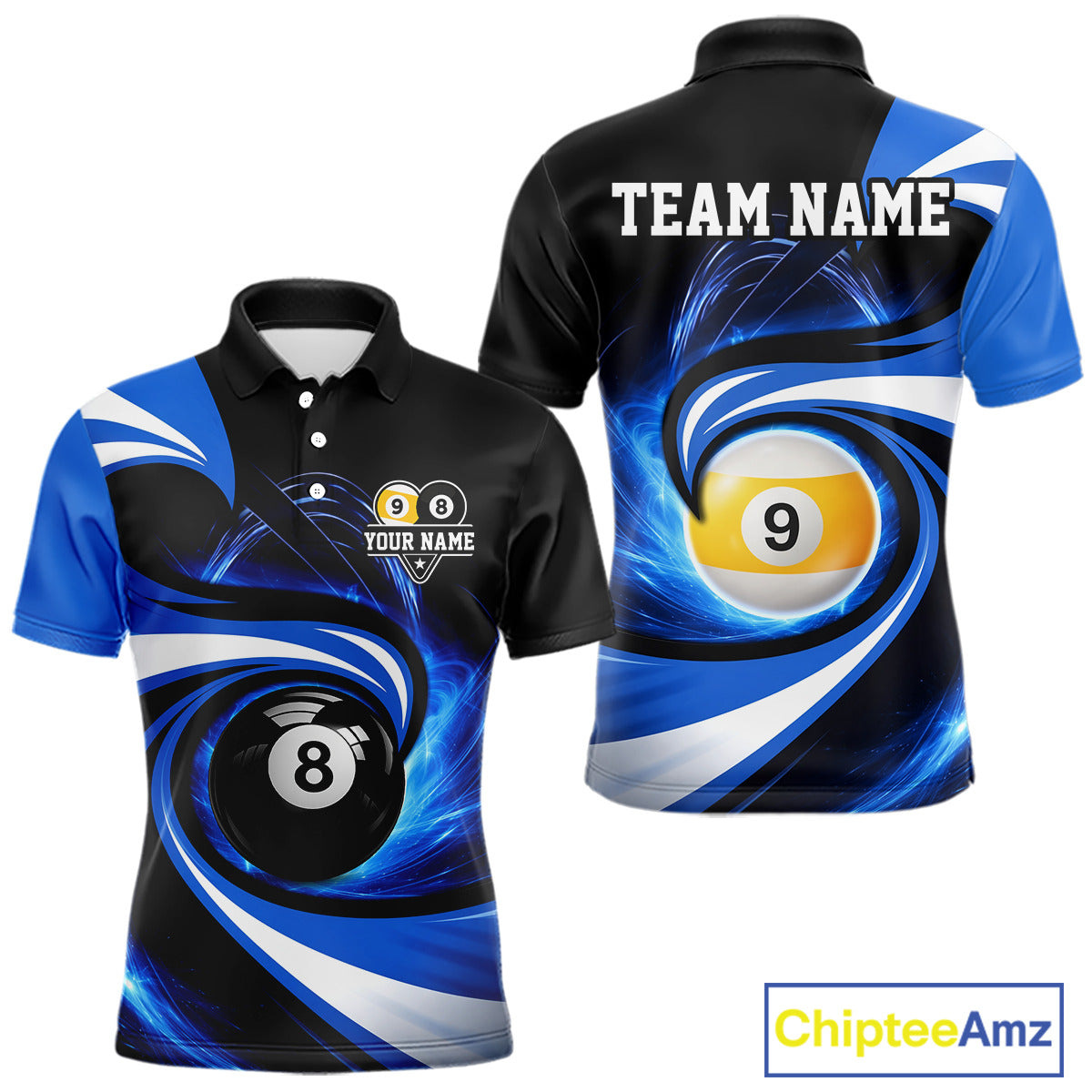 Black And Blue 8 Ball & 9 Ball Billiard Shirt For Men Custom Pool Jersey Team Polo & 1/4 Zip TDM6343