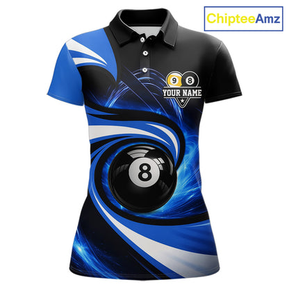 Black And Blue 8 Ball & 9 Ball Billiard Shirt For Women Custom Pool Jersey Team Polo & 1/4 Zip TDM6343