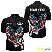 Load image into Gallery viewer, Personalized American Flag Eagle Bowling Polo &amp; 1/4 Zip For Men, Patriotic Bowling Team Jersey TDM6098