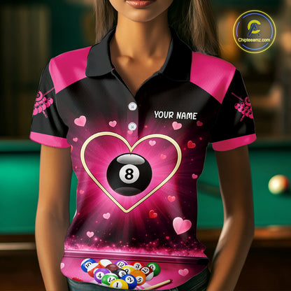 Black And Pink 8 Ball Pool Heart Billiard Shirt For Women Custom Valentine Billiard Gifts TDM5748