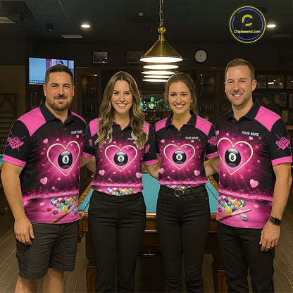 Black And Pink 8 Ball Pool Heart Billiard Shirt For Women Custom Valentine Billiard Gifts TDM5748