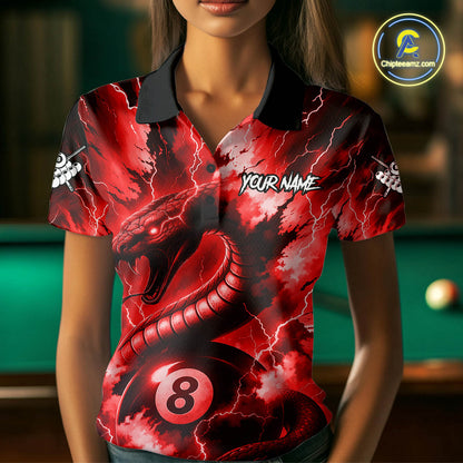 Red 8 Ball Thunder Lightning Cobra Snake Billiard Shirt For Women Custom Billiard League Pool Jersey TDM4840