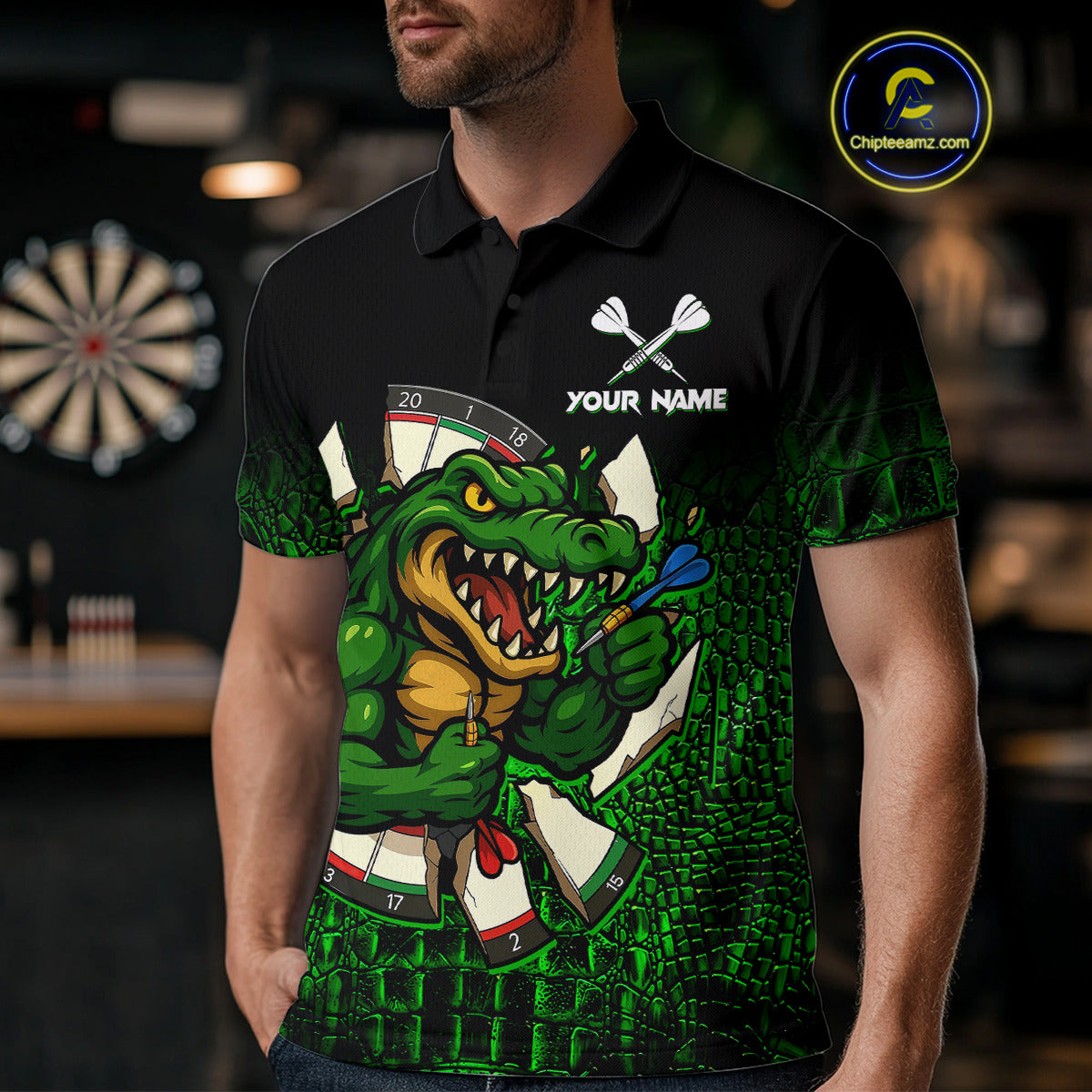 Black And Green Funny Alligator Darts Shirt For Men Custom Darts Jersey Team Polo & 1/4 Zip TDM4877