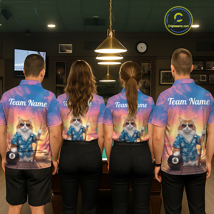 Personalized Funny Cat Sunset Billiard Shirt For Women Custom 8 Ball Pool Team Jersey Polo & 1/4 Zip TDM6414