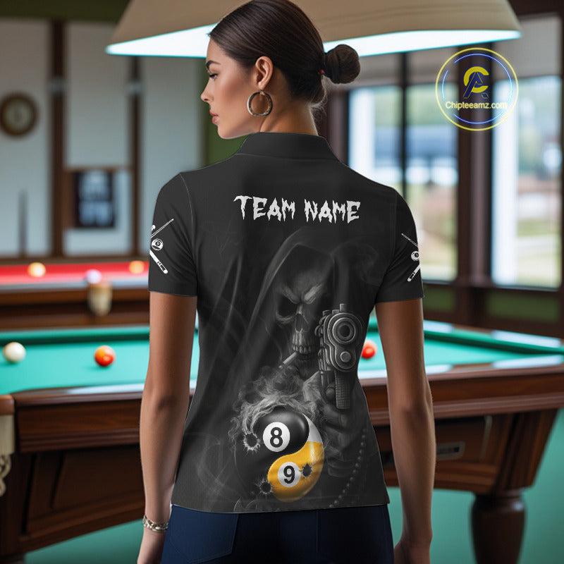 Woman Wearing Grim Reaper 8 Ball 9 Ball Yin Yang Smoke Custom Pool Team Jersey Featuring the Complete Rear Graphic Design, Back View