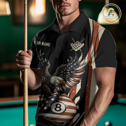 Personalized Vintage American Flag Eagle Billiard Shirt For Men, Patriotic 8 Ball Pool Team Jersey TDM5313
