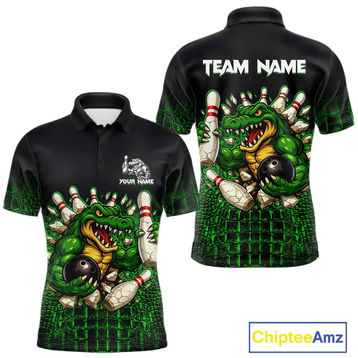 Black And Green Funny Alligator Bowling Shirt For Men Custom Bowling Jersey Team Polo & 1/4 Zip TDM5818