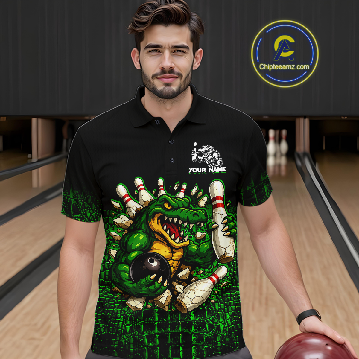 Black And Green Funny Alligator Bowling Shirt For Men Custom Bowling Jersey Team Polo & 1/4 Zip TDM5818