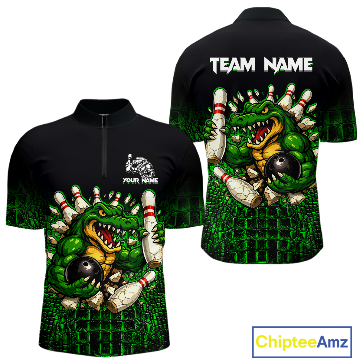 Black And Green Funny Alligator Bowling Shirt For Men Custom Bowling Jersey Team Polo & 1/4 Zip TDM5818