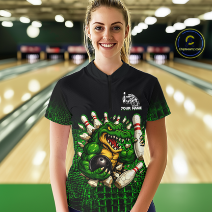 Black And Green Funny Alligator Bowling Shirt For Women Custom Bowling Jersey Team Polo & 1/4 Zip TDM5818