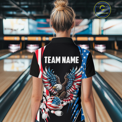 Personalized American Flag Eagle Bowling Polo & 1/4 Zip For Women, Patriotic Bowling Team Jersey TDM5822