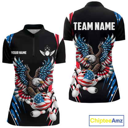 Personalized American Flag Eagle Bowling Polo & 1/4 Zip For Women, Patriotic Bowling Team Jersey TDM5822