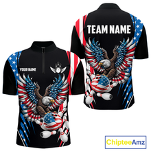 Load image into Gallery viewer, Personalized American Flag Eagle Bowling Polo &amp; 1/4 Zip For Men, Patriotic Bowling Team Jersey TDM5822