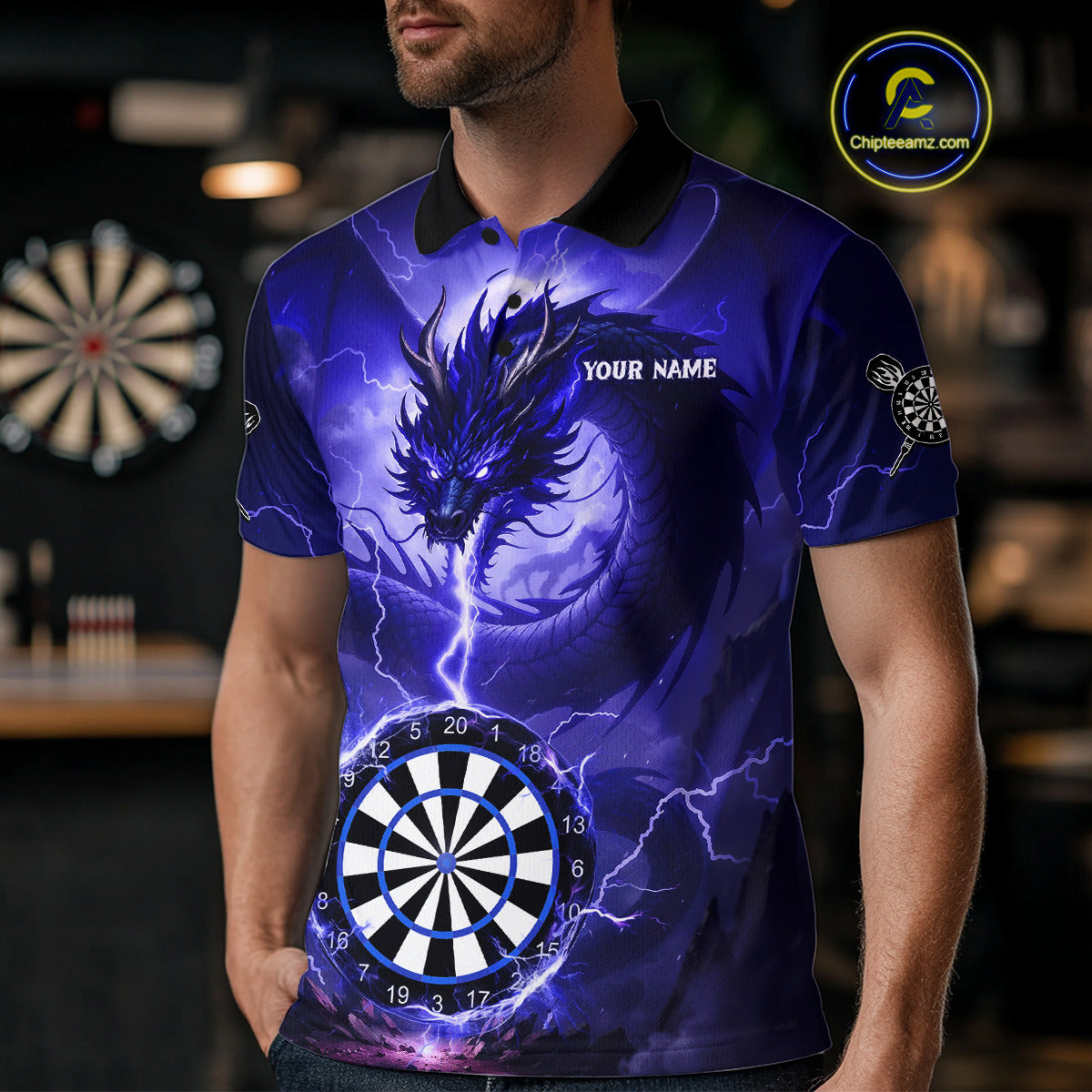 Blue Dartboard Lightning Dragon Mens Darts Shirt Custom Darts Jersey Team Polo & 1/4 Zip TDM5117