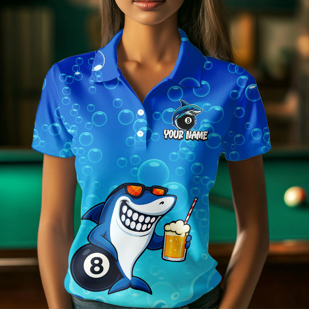 Blue Funny Shark 8 Ball Billiard Shirts For Women Custom Pool Team Shirt, Billiard Polo & 1/4 Zip TDM5134