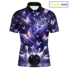 Load image into Gallery viewer, Custom Purple Butterfly Bowling Shirt For Men, Glowing Bowling Team Jersey Polo &amp; 1/4 Zip TDM6225