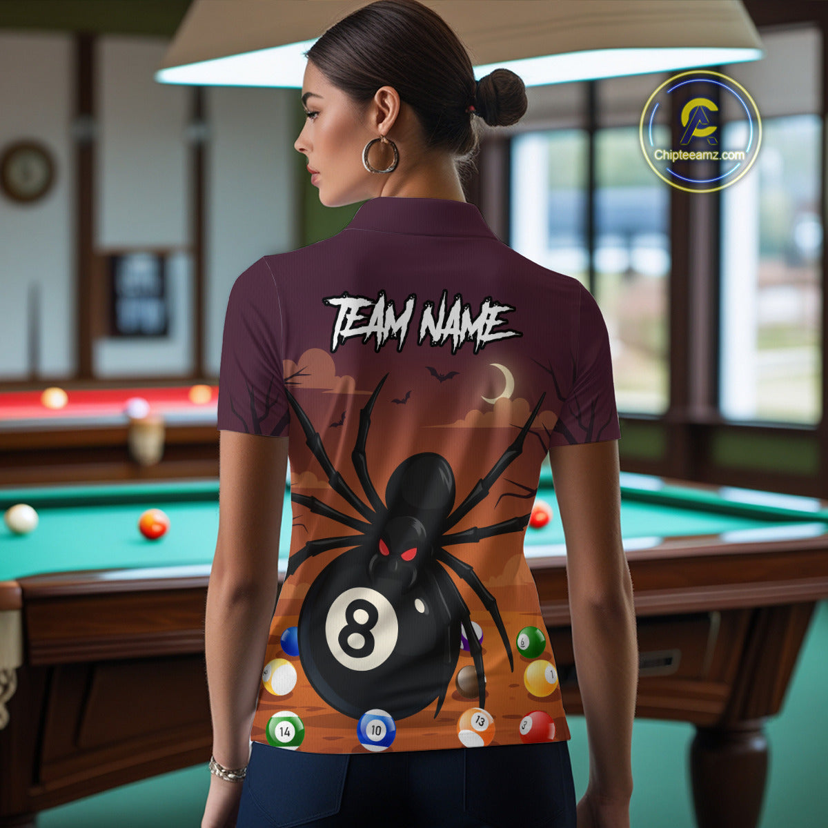 Orange Funny Spider Pool Balls Billiard Shirt For Women Custom 8 Ball Halloween Billiard Apparel TDM4927