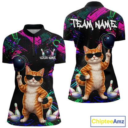 Personalized Funny Cat Graffiti Bowling Jersey For Women Custom Bowling Team Shirts Polo & 1/4 Zip TDM6457