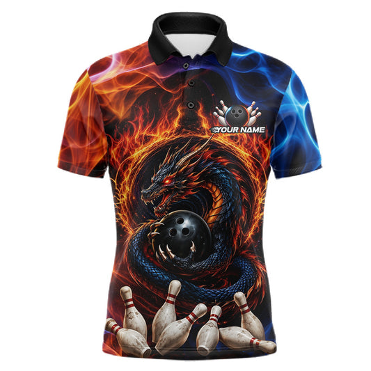 Personalized dragon fire flame bowling team jersey polo shirt for men featuring a powerful dragon with blazing fire flames, premium custom bowling league apparel.