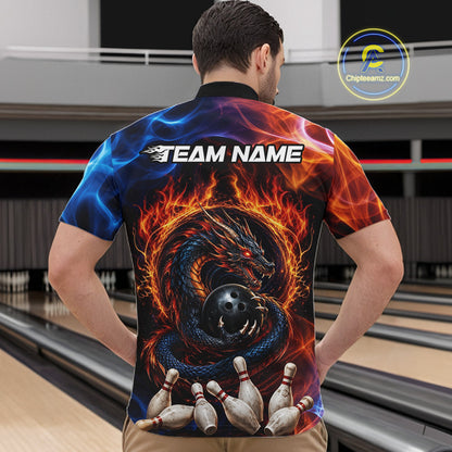 Man wearing personalized dragon fire flame bowling team jersey quarter zip shirt featuring dragon artwork, back view.
