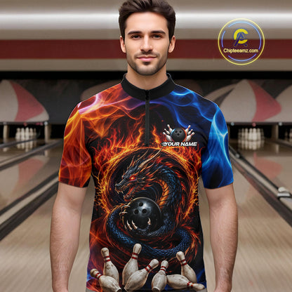 Man wearing personalized dragon fire flame bowling team jersey quarter zip shirt featuring dragon artwork, front view.