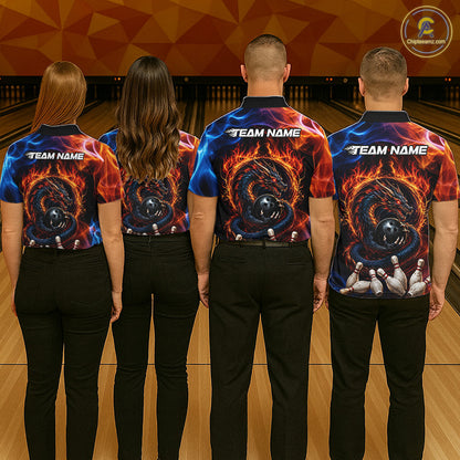 Bowling team wearing matching personalized dragon fire flame bowling team jerseys, back view.