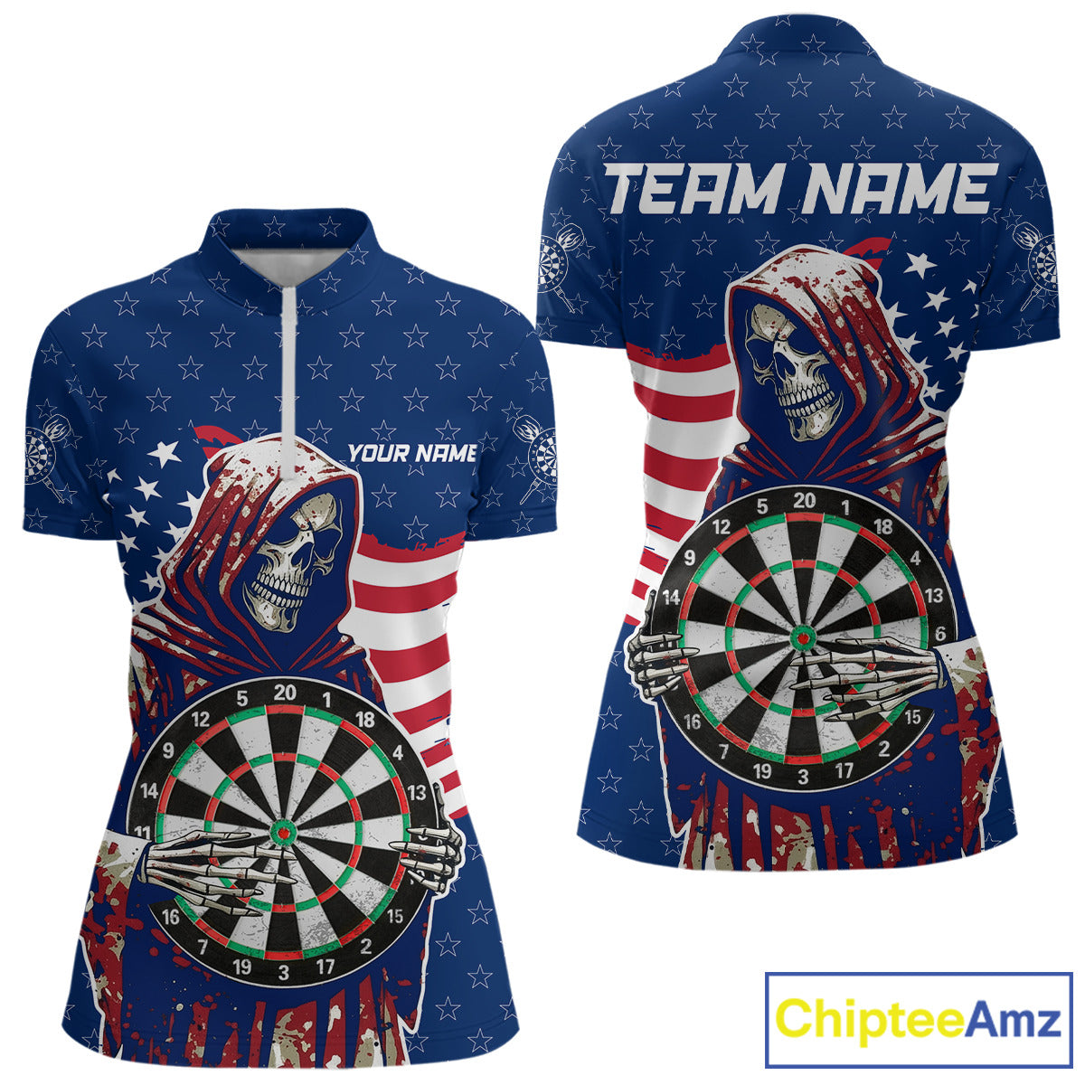 American Flag Grim Reaper Darts Shirt For Women Custom Patriotic Darts Jersey Team Polo & 1/4 Zip TDM5148