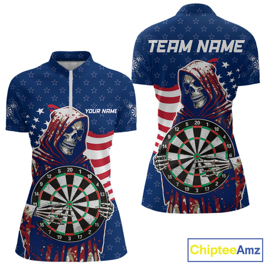 American Flag Grim Reaper Darts Shirt For Women Custom Patriotic Darts Jersey Team Polo & 1/4 Zip TDM5148