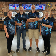 Load image into Gallery viewer, Black And Blue Dartboard Tribal Flame Darts Polo &amp; 1/4 Zip For Men Custom Darts Team Jersey TDM6013