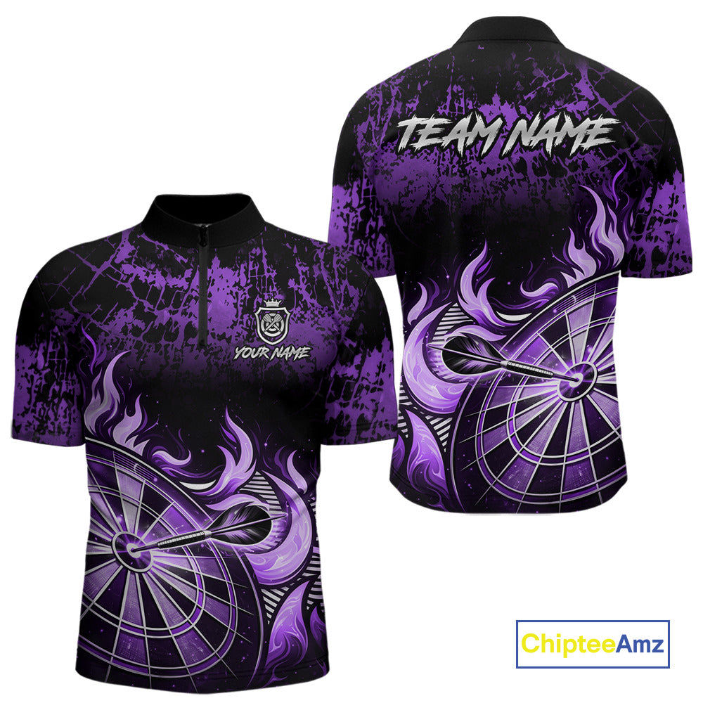 Black And Purple Dartboard Tribal Flame Darts Polo & 1/4 Zip For Men Custom Darts Team Jersey TDM6014