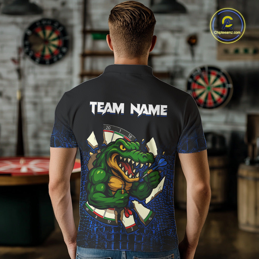 Man Wearing Black and Blue Funny Alligator Custom Darts Team Jersey Featuring the Complete Rear Graphic Design, Back View