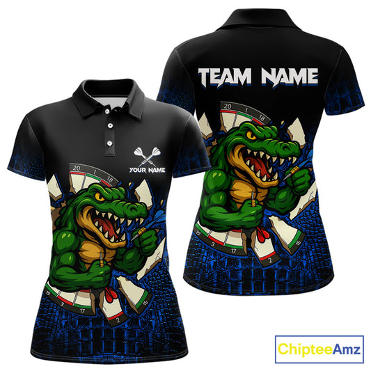 Custom Black and Blue Funny Alligator Darts Polo Shirt for Women Designed for Personalized Darts Team Jerseys with Premium Athletic Performance and Creative Character Graphics
