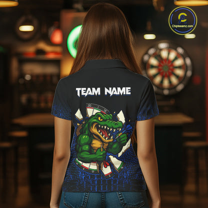Woman Wearing Black and Blue Funny Alligator Custom Darts Team Jersey Featuring the Complete Rear Graphic Design, Back View