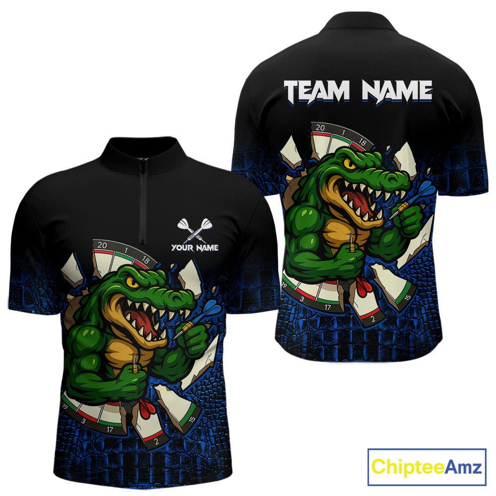 Black and Blue Funny Alligator Quarter Zip Darts Shirt for Men Created for Competitive Dart League Teams with Performance Fabric and Tournament Ready Team Design
