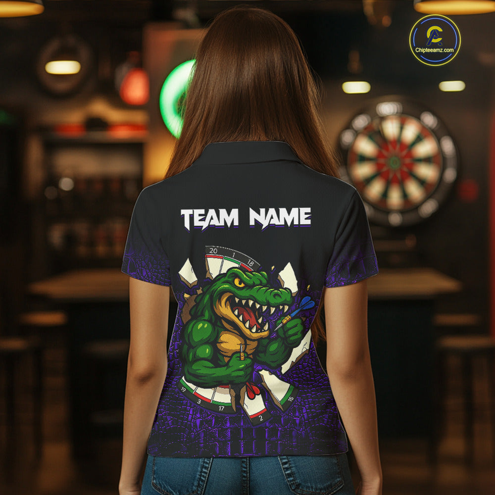 Woman Wearing Black and Purple Funny Alligator Custom Darts Team Jersey Featuring the Complete Rear Graphic Design, Back View