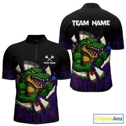 Black and Purple Funny Alligator Quarter Zip Darts Shirt for Men Created for Competitive Dart League Teams with Performance Fabric and Tournament Ready Comfort