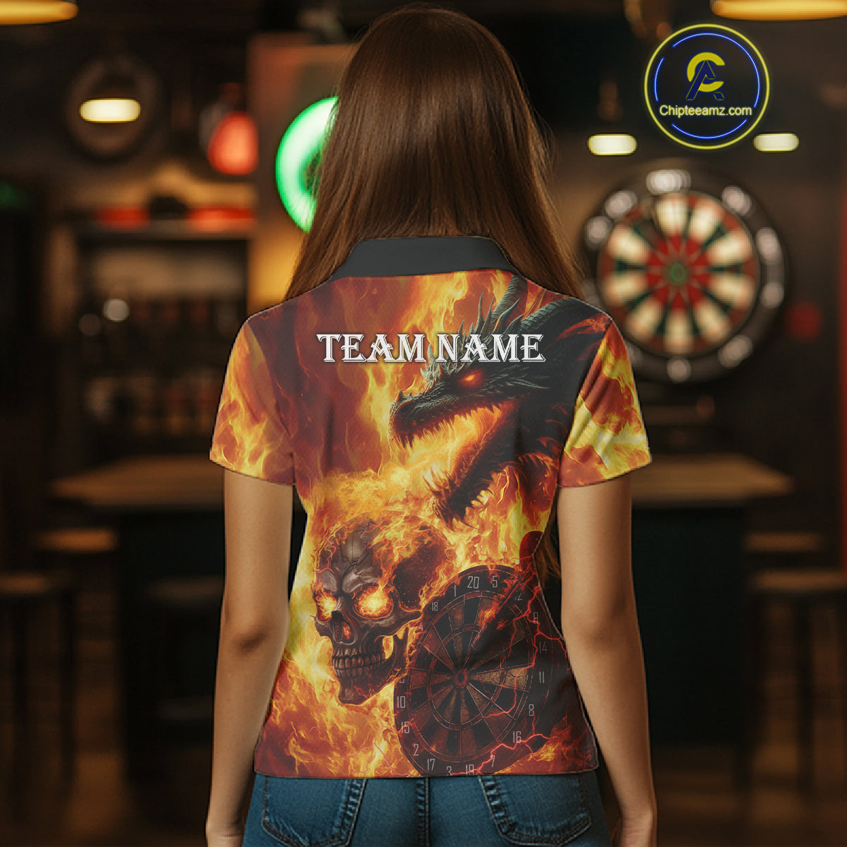 Personalized Orange Flaming Dragon And Skull Darts Shirt For Women Custom 3D Fire Darts Team Jersey TDM4958