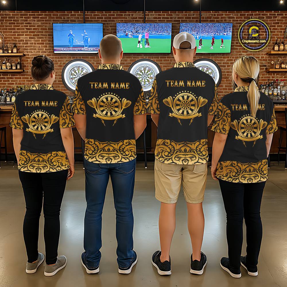 Black And Gold Custom Tribal Darts Shirt For Women, Personalized Darts Jersey Team Polo & Quarter Zip TDM5392