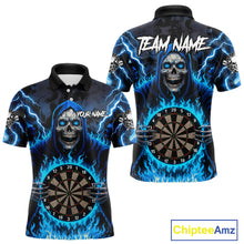 Load image into Gallery viewer, Blue Grim Reaper Thunder Lightning Mens Dart Shirts Custom Flame Dart Jerseys Team Polo &amp; 1/4 Zip TDM5174