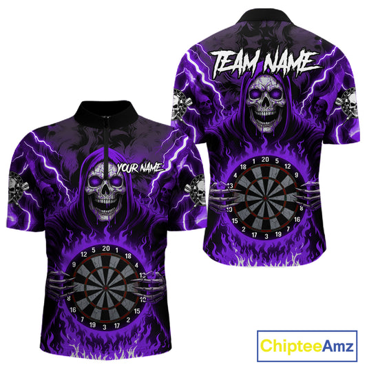 Purple Grim Reaper Thunder Lightning Men Dart Shirts Custom Flame Dart Jerseys Team Polo & 1/4 Zip TDM5176