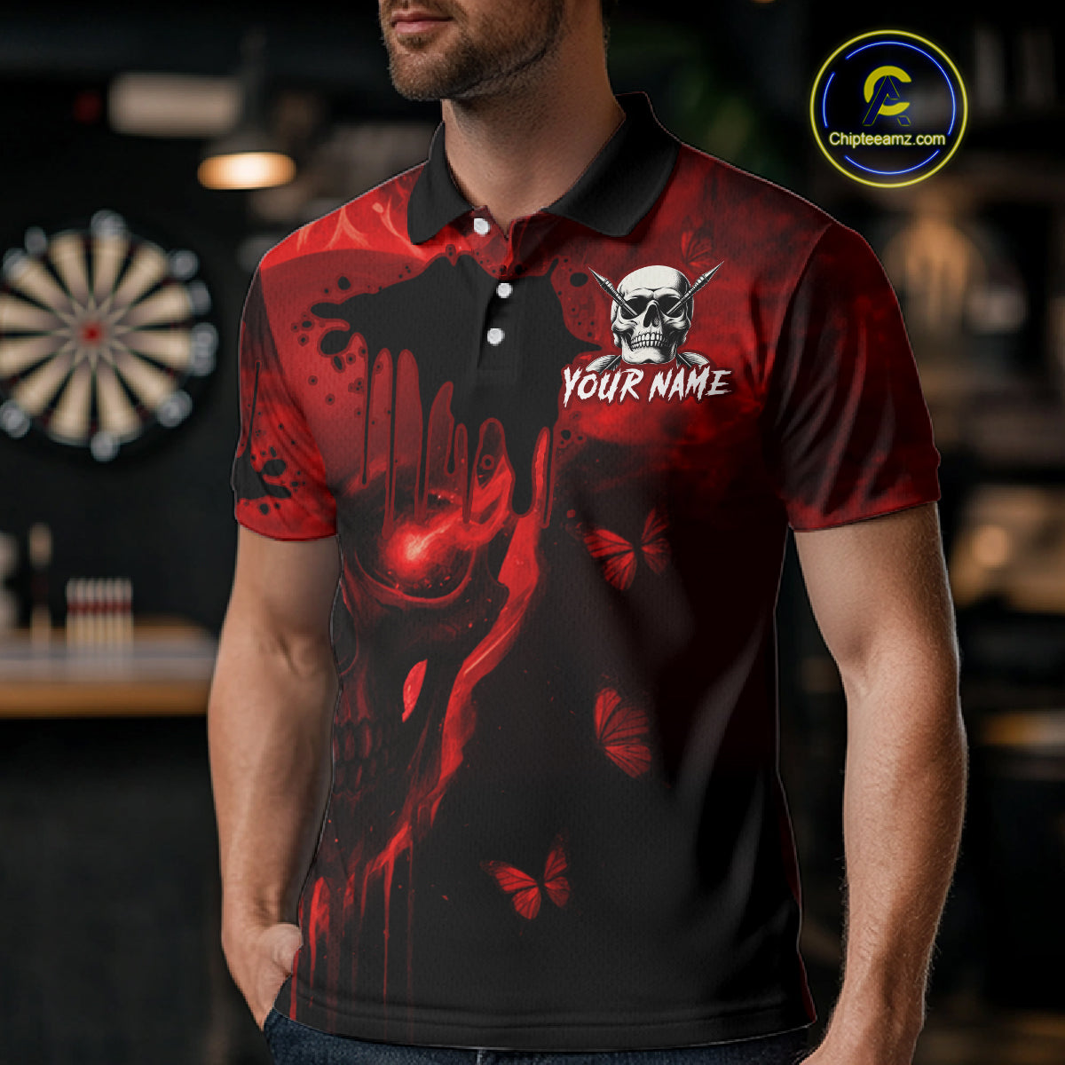 Black And Red Grunge Skull Butterflies Darts Shirt For Men Custom Darts Jersey Team Polo & 1/4 Zip TDM4992