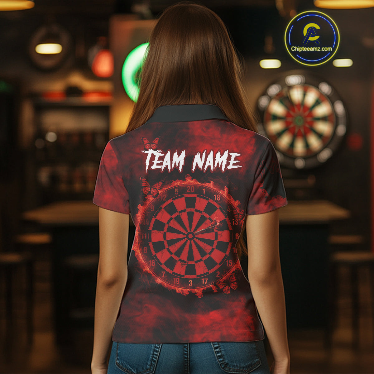 Black And Red Grunge Skull Butterflies Darts Shirt For Women Custom Darts Jersey Team Polo & 1/4 Zip TDM4992