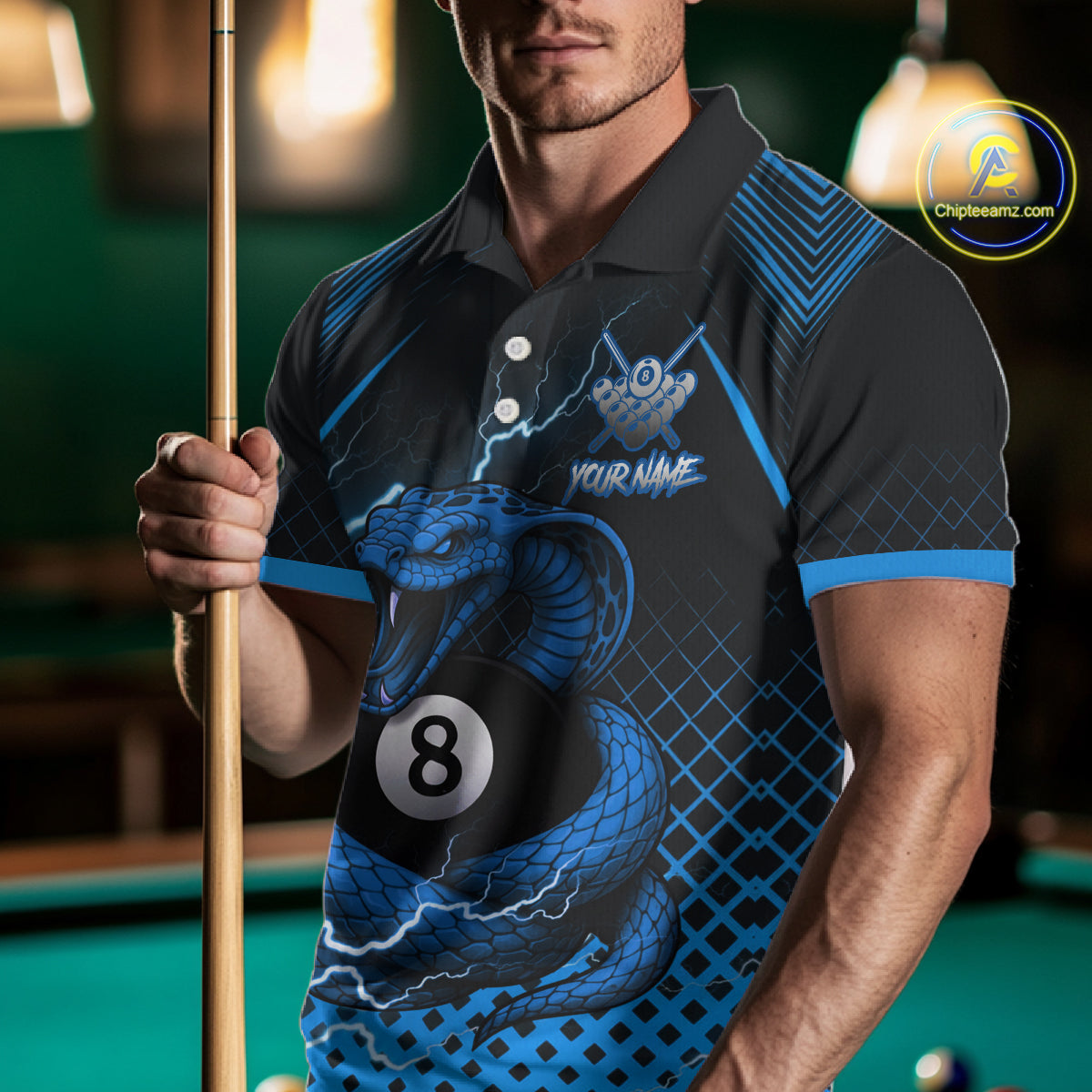 Personalized Blue 8 Ball Lightning Cobra Snake Men's Billiards Shirts Custom Pool Team Jerseys TDM5198