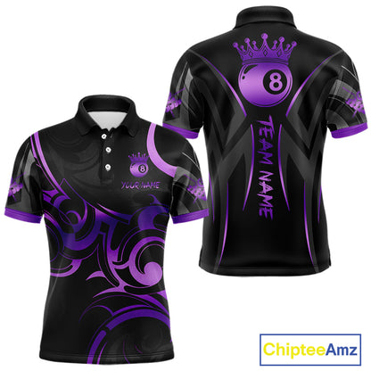 Black And Purple 8 Ball Crown Tribal Billiard Shirt For Men Custom Pool Team Jersey Polo & 1/4 Zip TDM5733