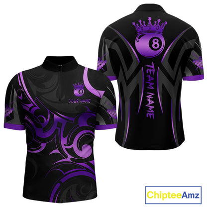 Black And Purple 8 Ball Crown Tribal Billiard Shirt For Men Custom Pool Team Jersey Polo & 1/4 Zip TDM5733