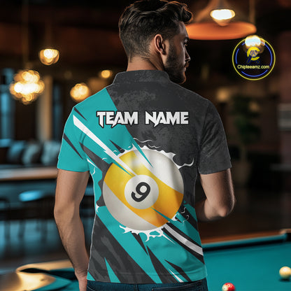 Black And Turquoise 8 Ball & 9 Ball Billiard Shirt For Men Custom Pool Jersey, Billiard Team Shirt TDM5021