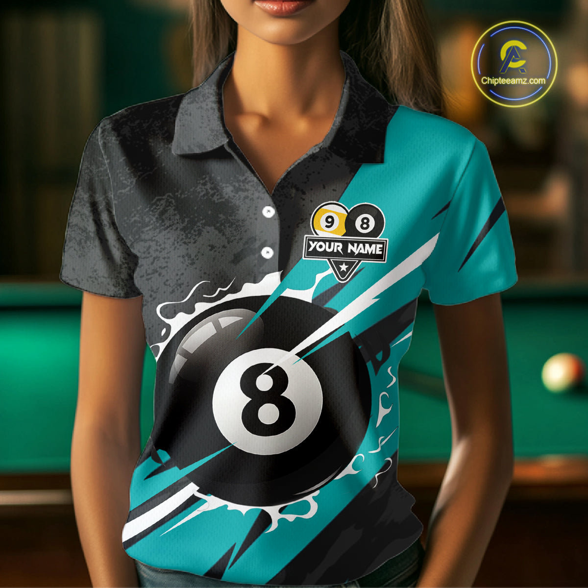 Black And Turquoise 8 Ball & 9 Ball Billiard Shirt For Women Custom Pool Jersey, Billiard Team Shirt TDM5021