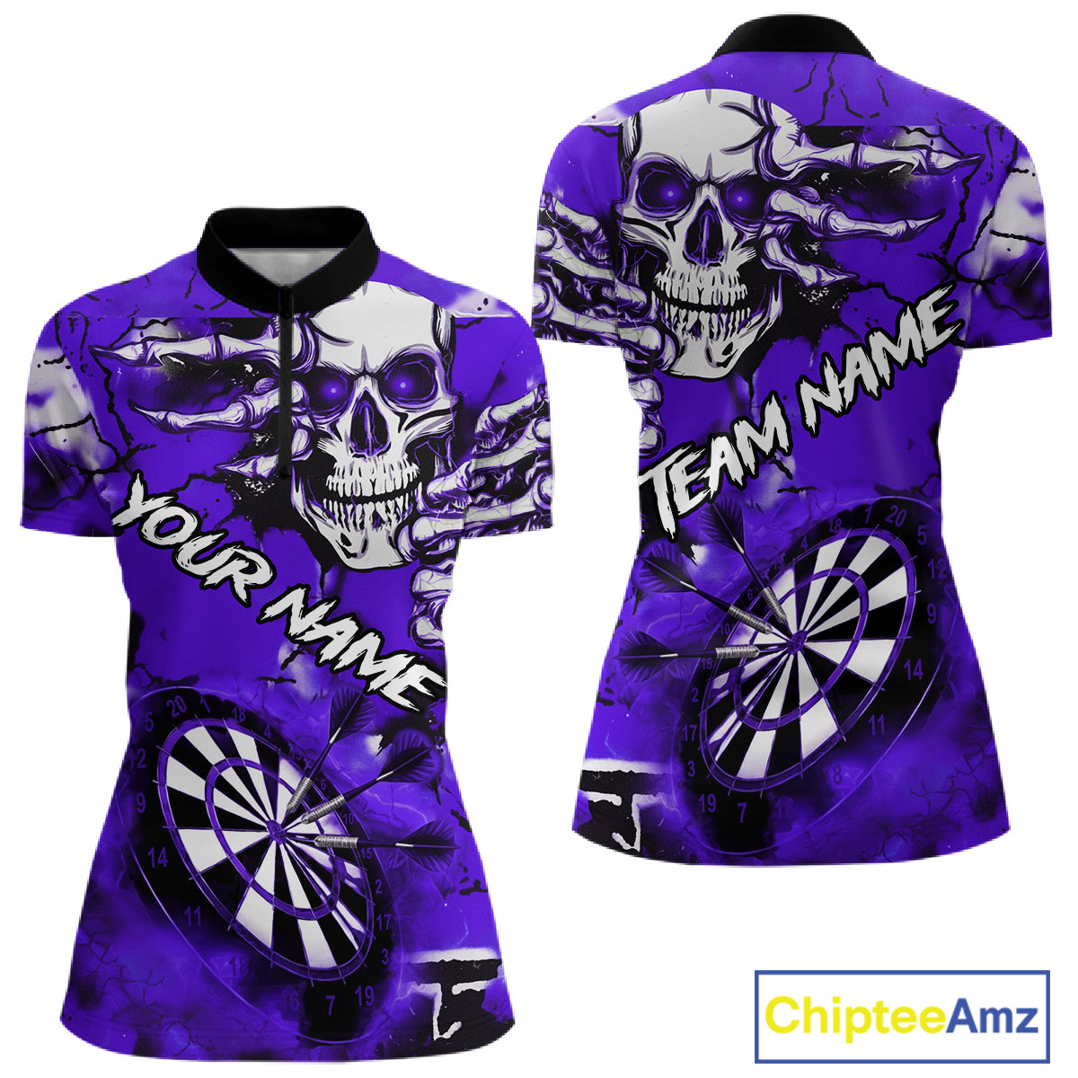 Personalized Purple Grunge Skull Darts Shirt For Women Custom Darts Team Jersey Polo & Quarter Zip TDM5030
