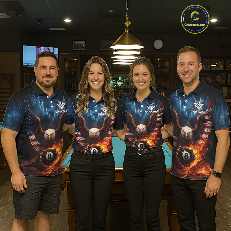 American Flag Eagle 8 Ball Flame Billiard Shirt For Men Custom Patriotic Pool Jersey Polo, 1/4 Zip TDM5754