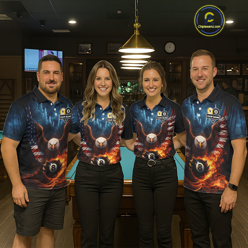 American Flag Eagle 8 Ball & 9 Ball Flame Billiard Shirt For Men Custom Patriotic Billiard Jersey TDM5755